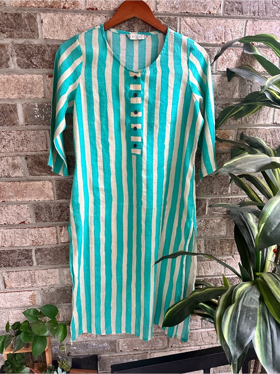 Other - Linen Striped Turquoise and White Tunic Kurta Swimsuit coverup with pockets